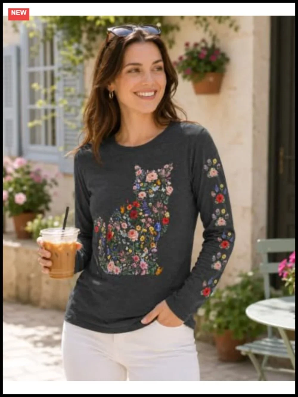 Cute Cat Graphic Long Sleeve Tee for Women, Casual Crewneck Pullover, Soft